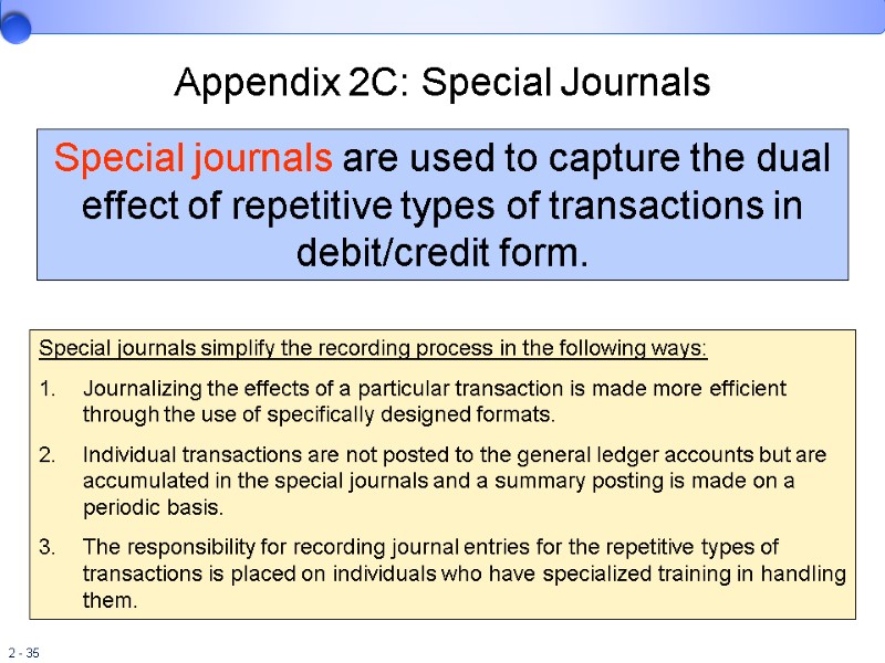 Appendix 2C: Special Journals Special journals are used to capture the dual effect of